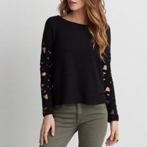 American Eagle Split-Back Lace Detail Sleeves Jersey Long Sleeves Black Top
